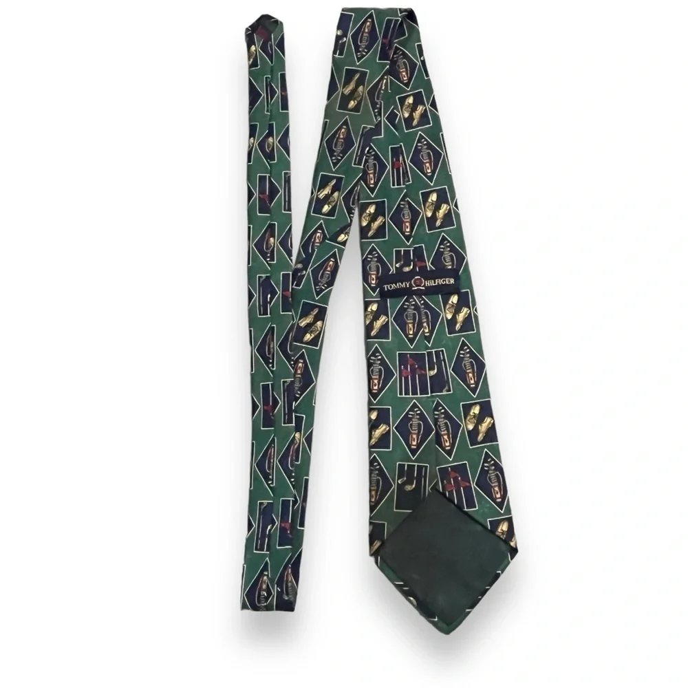 Vintage Tommy Hilfiger Neck Tie 100% Silk Novelty Golf Print Green Made in USA